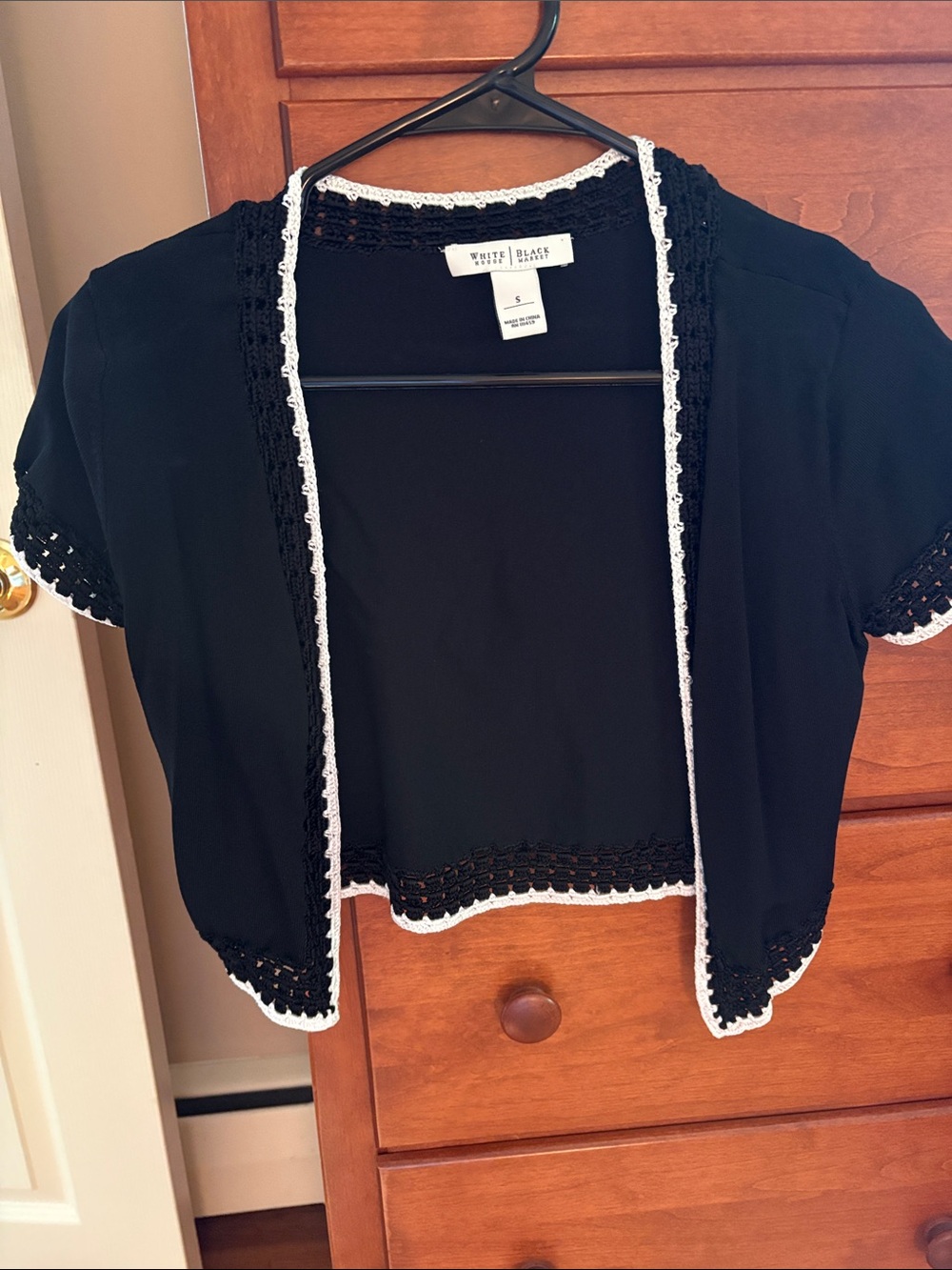 White House Black Market Black Cropped Open Crochet-Trim Bolero